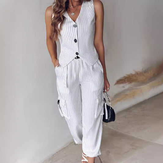 Women's Fashion Striped Print Vest Suit